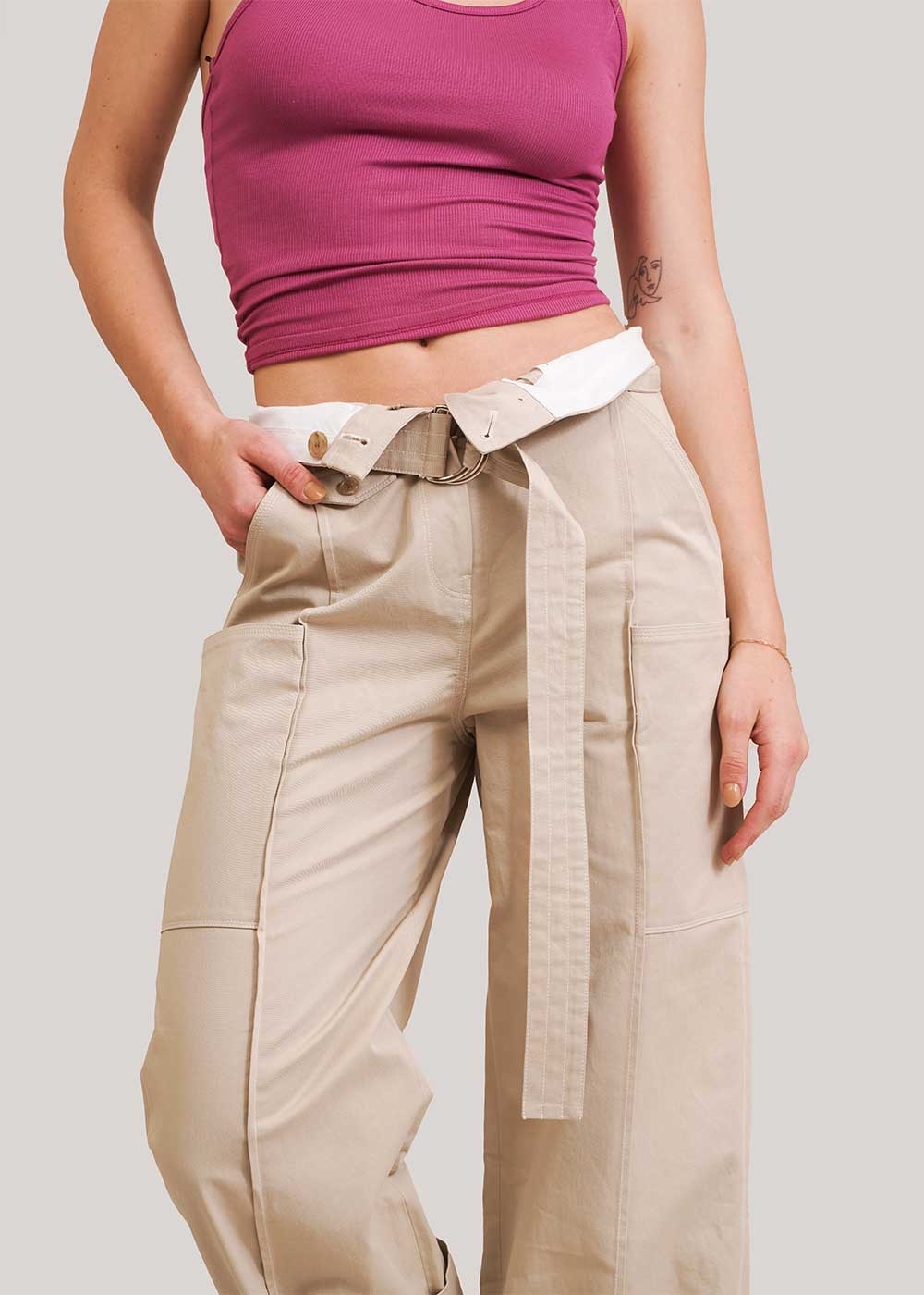 Geel Ecru Harper Belted Trousers - New Classics Studios Sustainable Ethical Fashion Canada