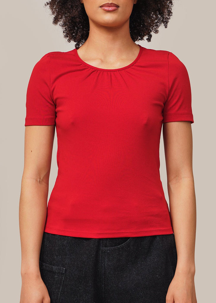 AMOMENTO Red Neck Shirring Short Sleeve Top - New Classics Studios Sustainable Ethical Fashion Canada