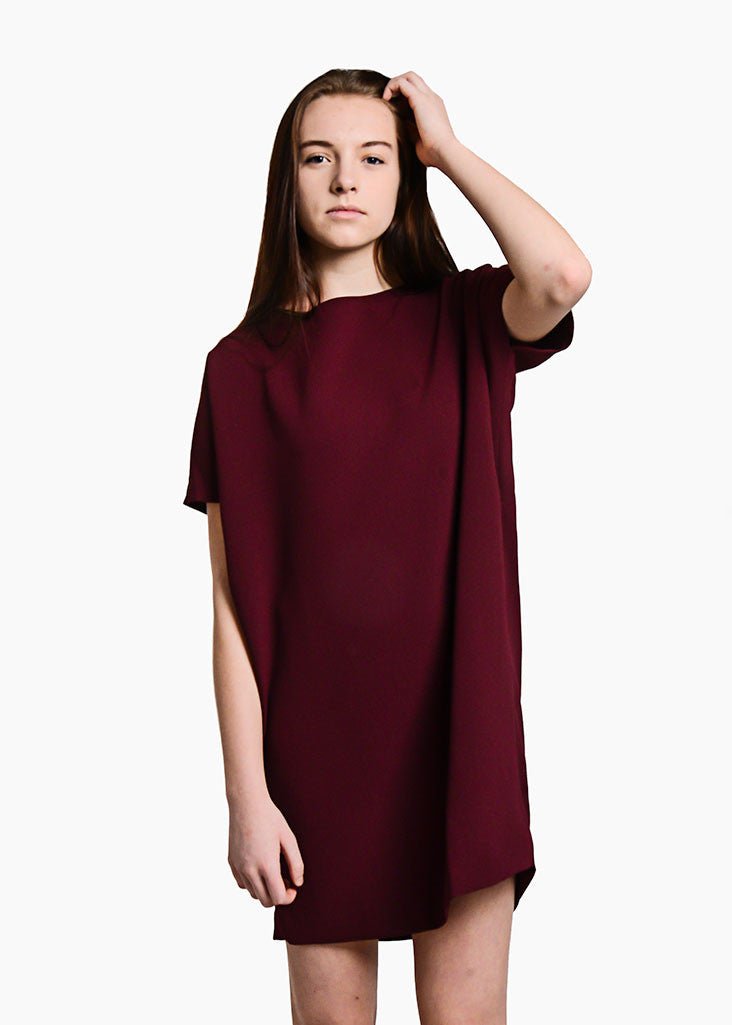 Kaarem Burgundy Angle Mini Dolman Open Back Dress - New Classics Studios Sustainable Ethical Fashion Canada