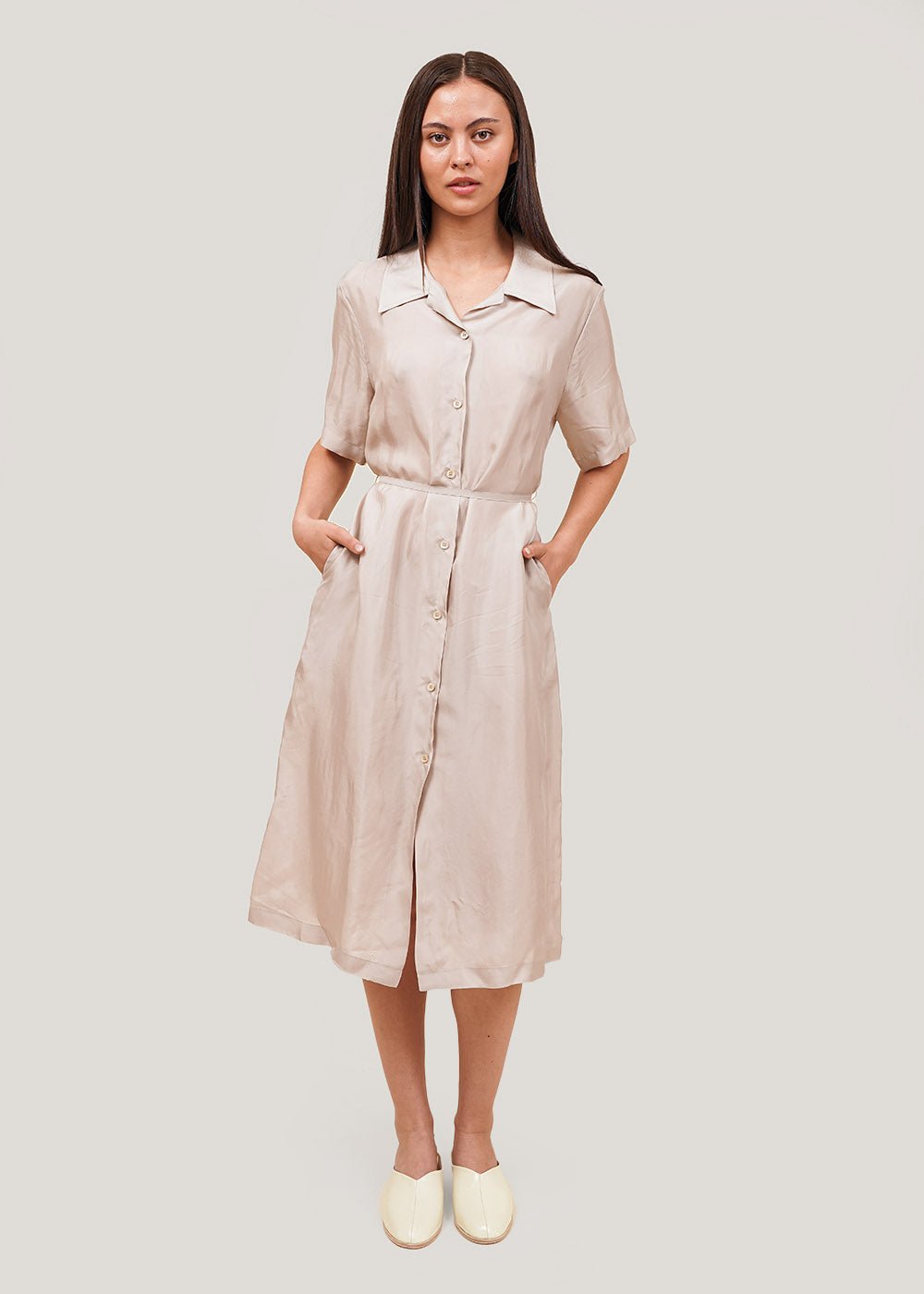 Cupra Shirt Dress in Beige by AMOMENTO – New Classics Studios