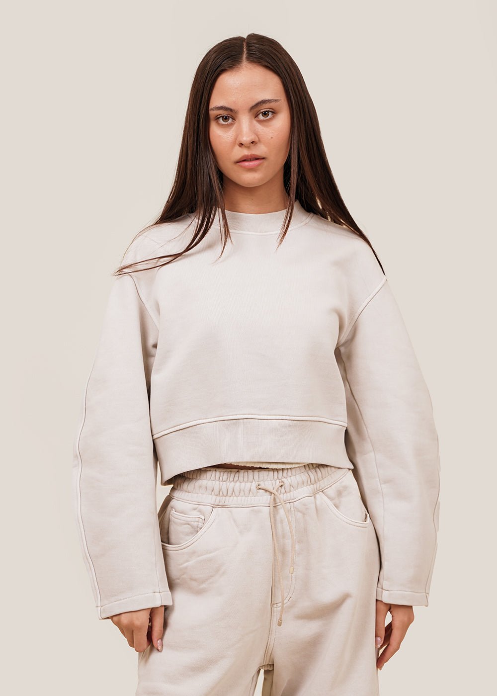 AMOMENTO Beige Round Sleeve Cropped Sweatshirt - New Classics Studios Sustainable Ethical Fashion Canada