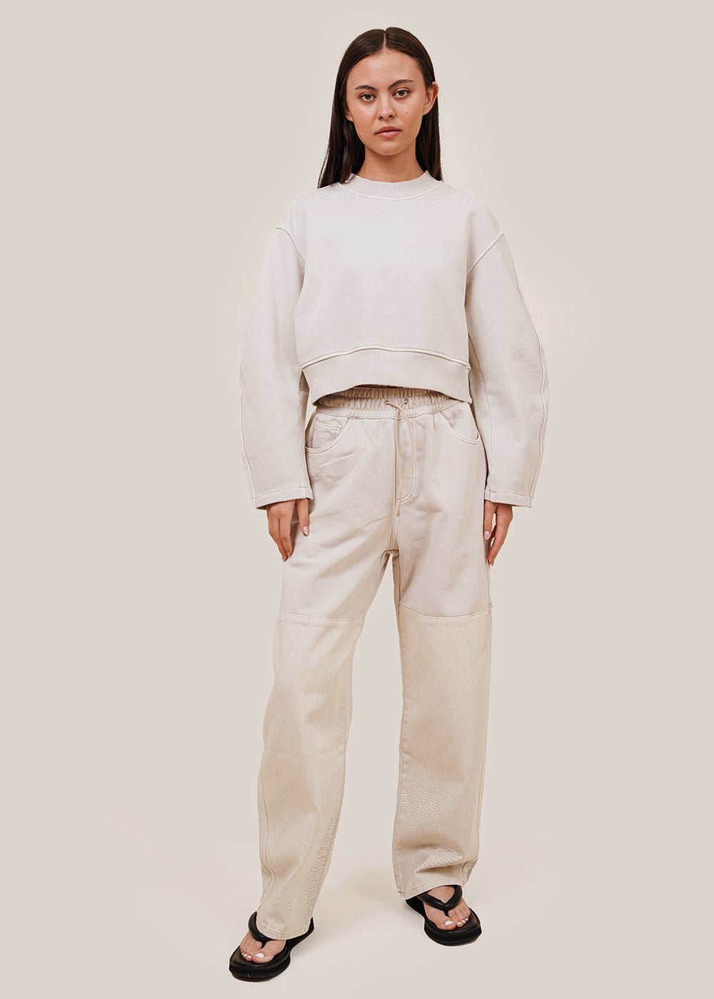 AMOMENTO Beige Round Sleeve Cropped Sweatshirt - New Classics Studios Sustainable Ethical Fashion Canada