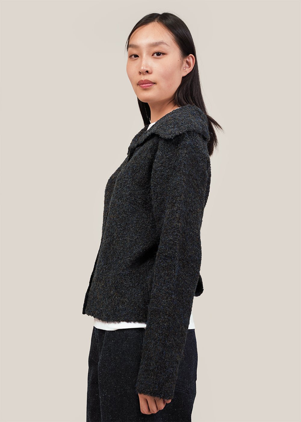Mijeong Park Navy/Olive Spread Collar Boucle Cardigan - New Classics Studios Sustainable Ethical Fashion Canada