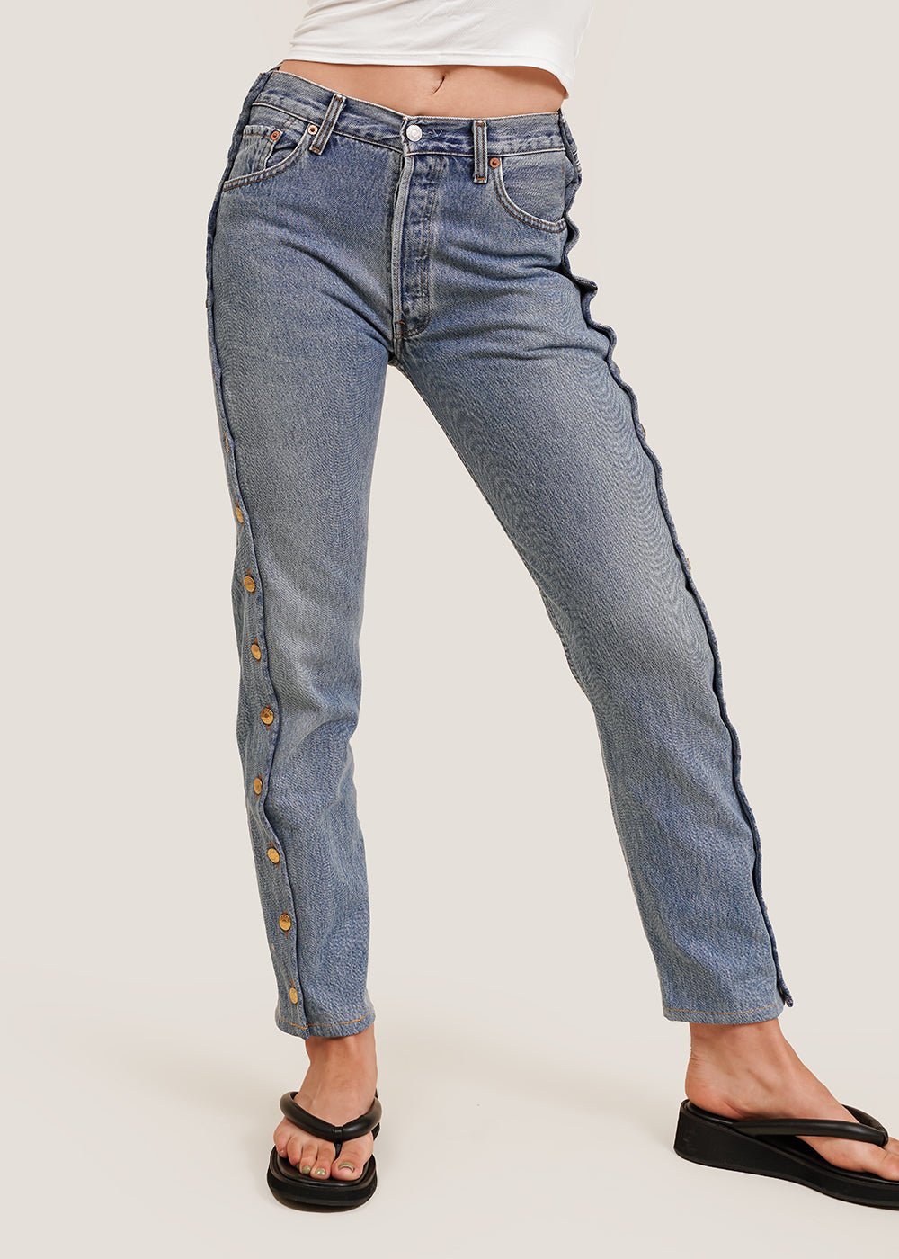 Paris RE Made Vintage Side Buttons Jeans - New Classics Studios Sustainable Ethical Fashion Canada