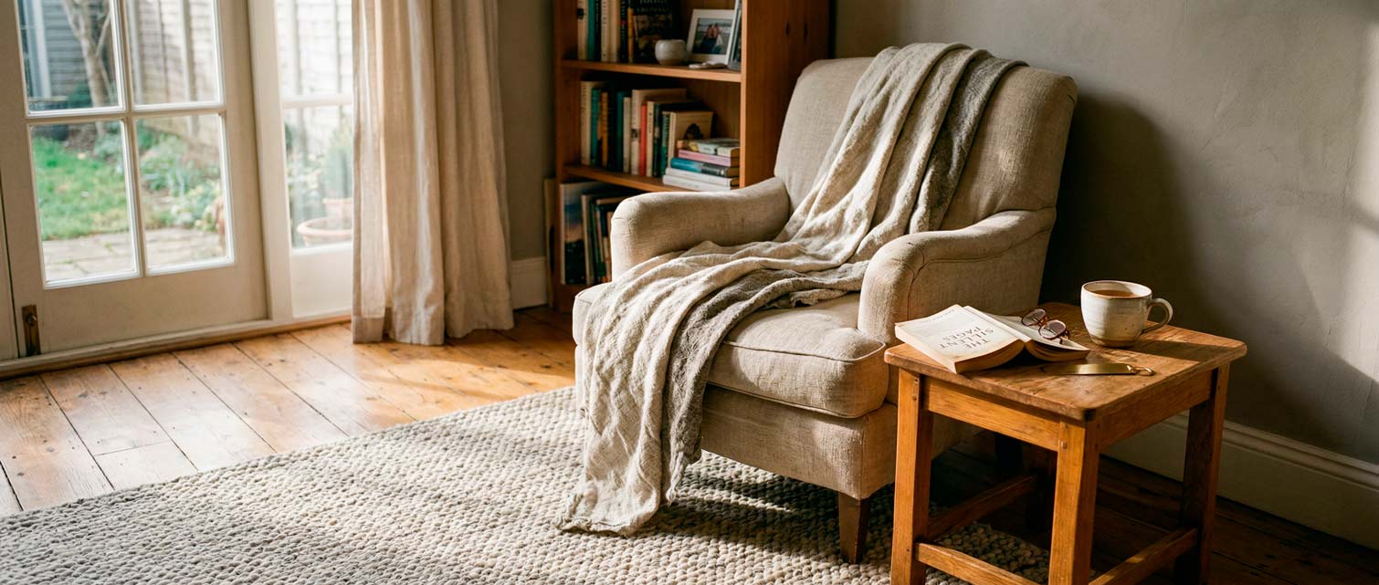 living room with wool rug and linen throw