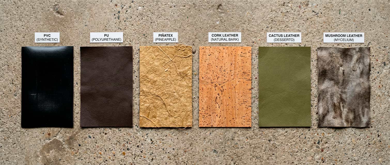 six vegan leather samples in row